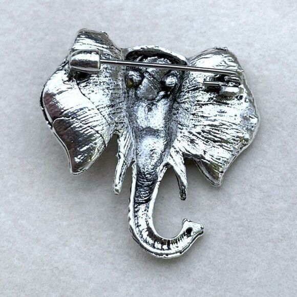 Silver with White Diamond and Black Onyx Crystal Elephant Pin Back Brooch - Picture 8 of 9